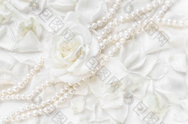 美丽的白色玫瑰和珍珠项链的花瓣背景。婚礼、生日、情人节、母亲节贺卡的理想选择