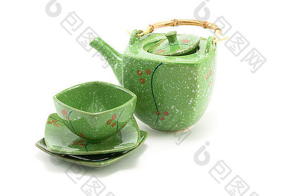 中国人茶壶竹子处理杯绝缘白色背景