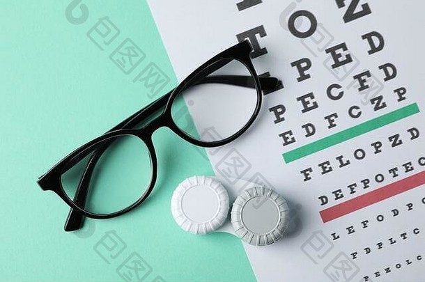 眼镜，隐形眼镜盒和mint背景上的眼科检查表，俯视图