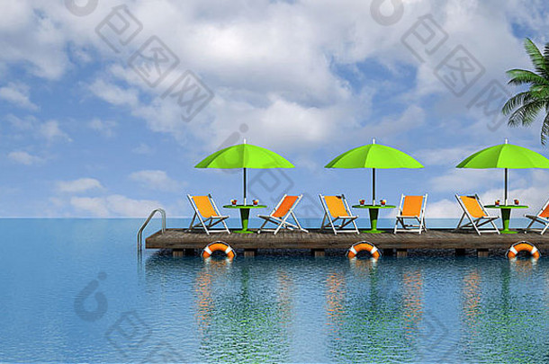 木板路上的躺椅和阳伞-渲染
