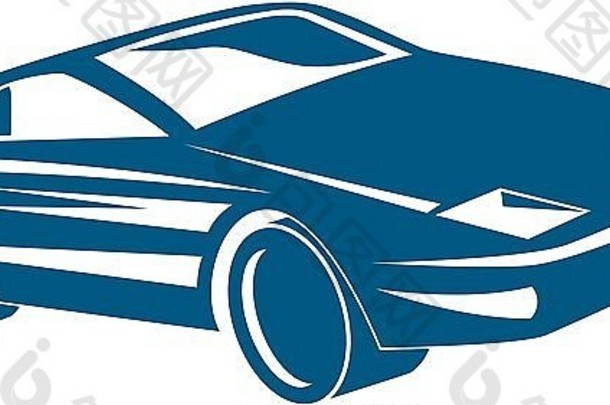 插图蓝色的体育车孤立的白色背景复古的风格