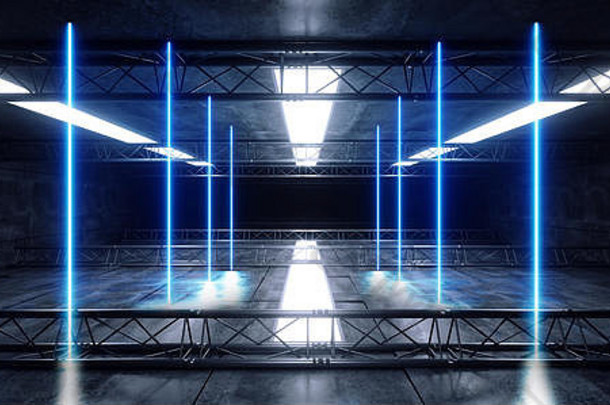 激光未来主义复古霓虹灯发光线形蓝色充满活力的宇宙飞船俱乐部舞台结构金属垃圾混凝土反射隧道走廊工作室