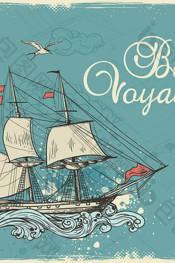 古董蓝色的旅行背景航行船手画插图