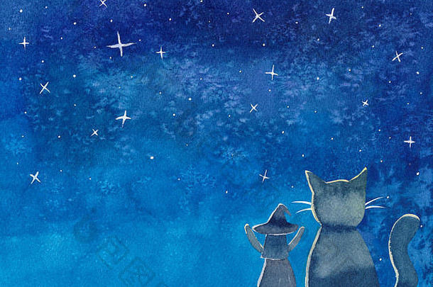 蓝色银河夜空水彩下的女巫和猫。插图背景。