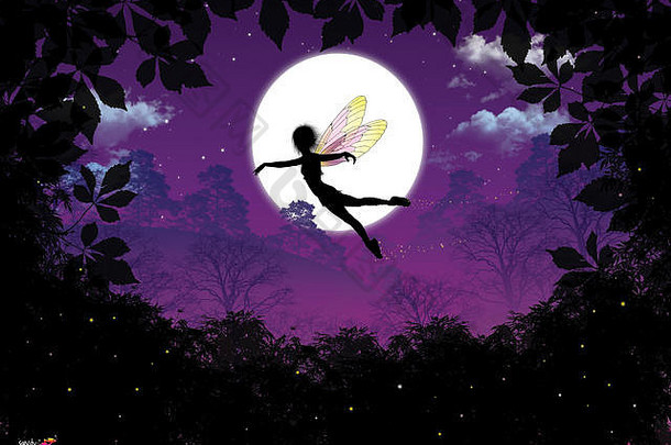精灵魔法。描绘仙女在夜空衬托下的剪影，但总是有彩色翅膀的艺术品。