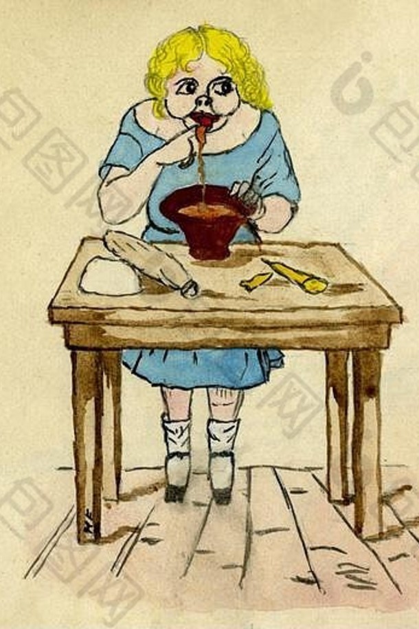 味道如此之好-细节来自维多利亚儿童创作的1880年贪婪女孩水彩原作扫描