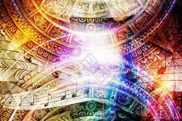 古代玛雅历法和音乐笔记，有星星的宇宙空间，抽象的彩色背景，电脑拼贴。
