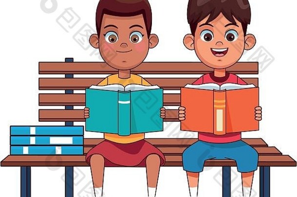 快乐孩子们阅读书坐着板凳上