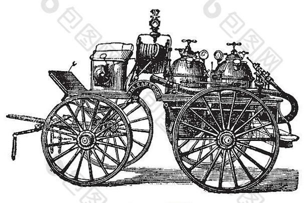 马拉<strong>消防</strong>车，复古雕刻插图。特罗塞特百科全书（1886-1891）。