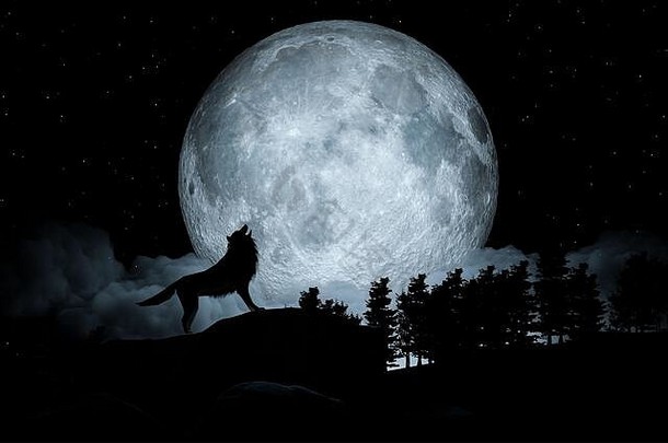 狼嚎黑暗背景。满月与荒野。三维插图