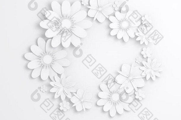 白色纸花花环装饰新娘问候卡观赏背景数字渲染插图