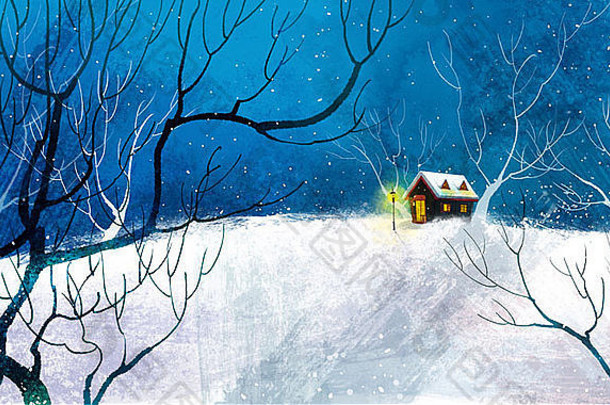 雪景上荒芜的树木和小屋