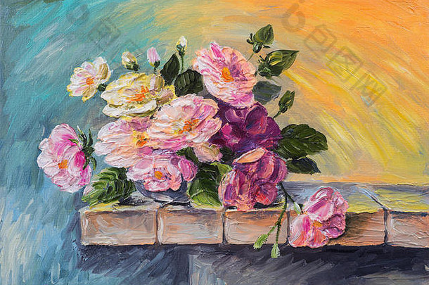画布上的油画-桌上的静物花卉