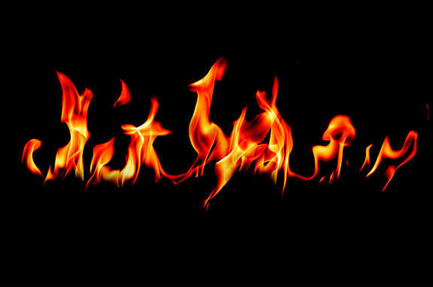抽象艺术黑色背景上的火焰，燃烧着的红热火花升起，炽热的橙色发光的飞行粒子