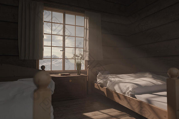 呈现木卧室的小木屋光射线窗口