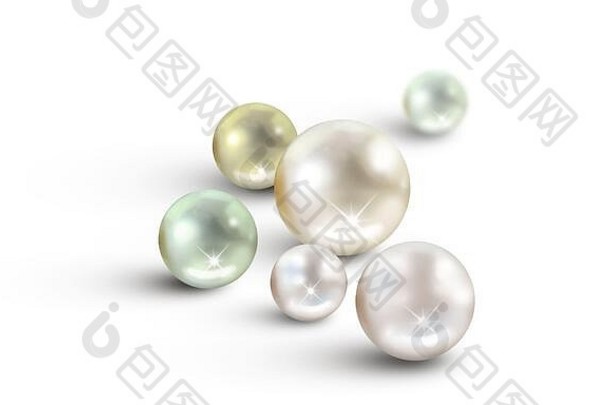 美丽的集团颜色珍珠大小白色颜色珍珠孤立的白色背景