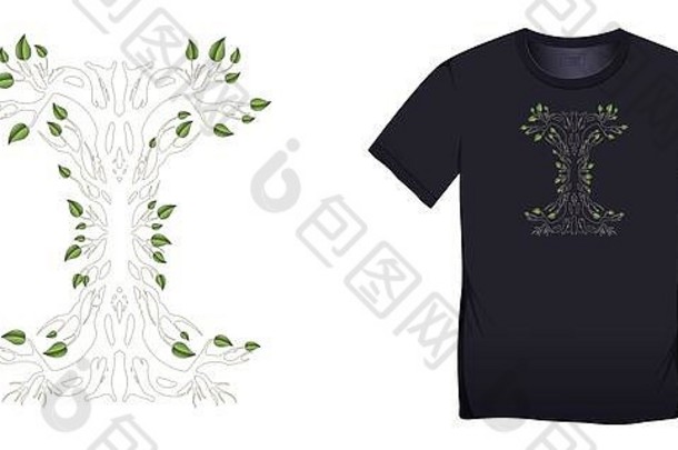 印花t恤图案设计，带叶子的树形轮廓抽象，黑色背景空白处隔离
