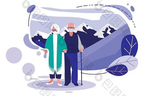 祖母和祖父带着面具在景观设计前展示了新冠病毒19型的主题载体插图
