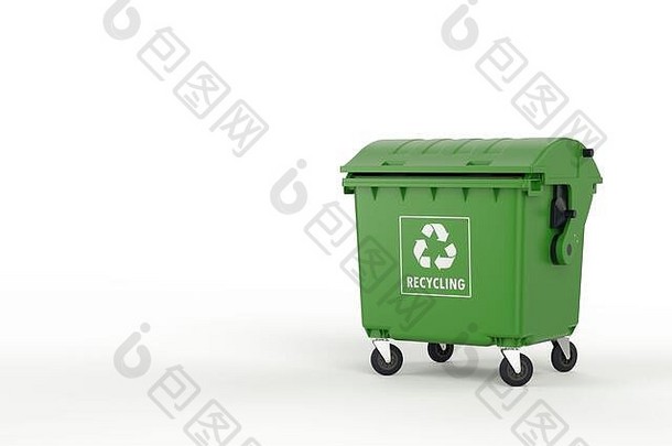 白色背景上的封闭式绿色回收垃圾箱