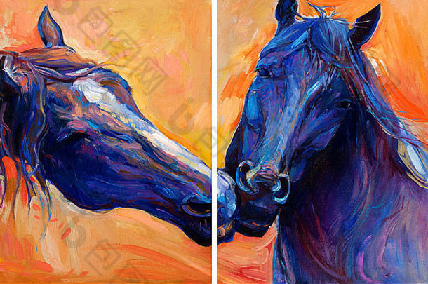 美丽蓝马的原始抽象油画。现代印象派。这幅画和2014年的蓝色h有关