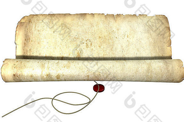 一种古老的风化卷轴式纸张，在孤立的背景上用细绳和封条展开