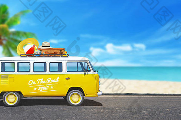 黄色的的旅程海滩棕榈树背景概念冒险嬉皮旅行假期
