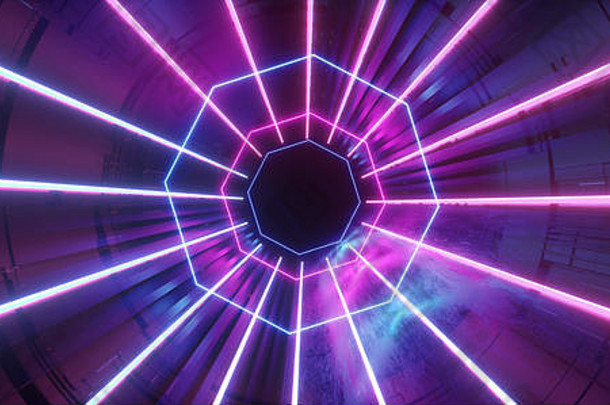 圆霓虹灯发光的紫色的蓝色的sci科技示意图主板未来主义的现代复古的隧道黑暗晚上空场景阶段反射虚拟