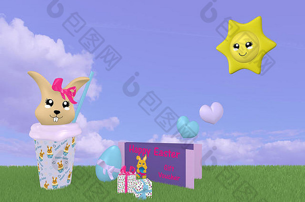 绿色草地上的3d卡瓦伊复活节兔子，有太阳、礼券和云彩天空。三维渲染