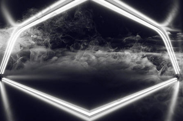 烟雾霓虹灯荧光发光的白色sci领导激光现代摘要形状的行反射混凝土难看的东西黑暗空房间背景渲染