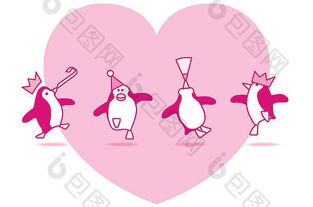 四只快乐的粉红色企鹅在白色背景下，带着粉红色的心在派对上跳舞