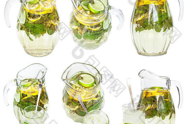 由玻璃罐和玻璃杯制成，配以柠檬、莱姆、薄荷制成的天然柠檬水饮料，在白色背景上分离
