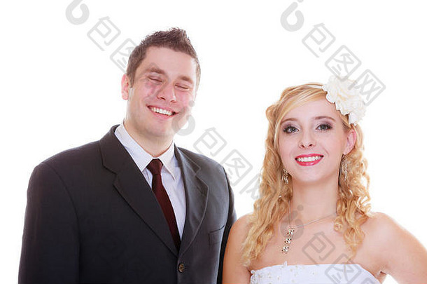 积极的的关系夫妻概念快乐新郎新娘摆姿势婚姻照片等待大一天