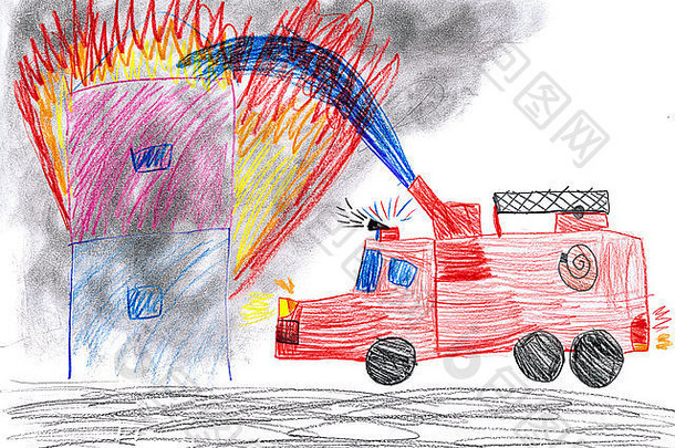 消防车营救着火的房子。儿童绘画