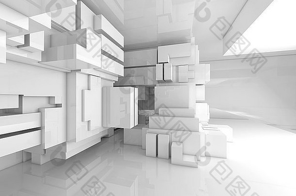 抽象的白色空间高科技室内，混乱的立方体结构，3d插图