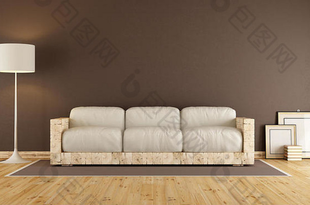 带旧<strong>木沙发</strong>和白色靠垫的棕色客厅-3d渲染