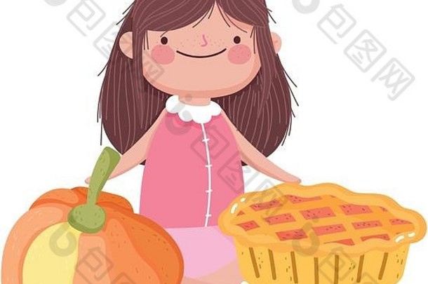 感恩节快乐，可爱的小女孩，带着甜馅饼和南瓜