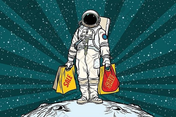 孤独的复古的宇航员出售购物袋