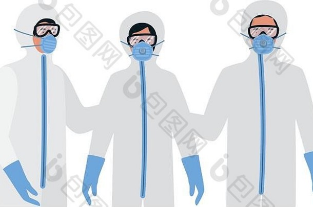 带防护服、眼镜和口罩的医生对抗新冠病毒19载体设计