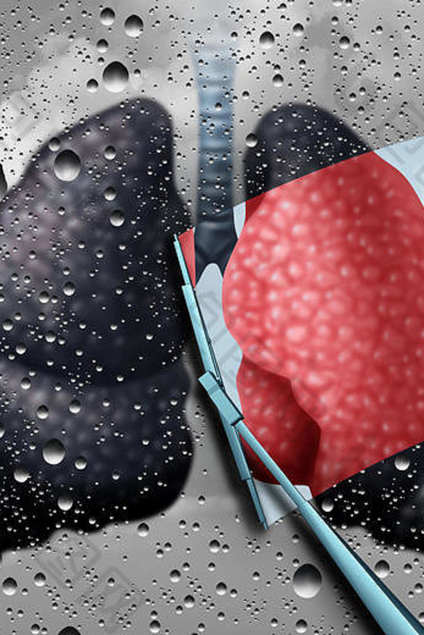 肺健康治疗医学概念：雨窗上的患病人体心血管器官被雨刷擦去疾病，作为肺部疾病解决方案和3D插图元素哮喘治疗的隐喻。