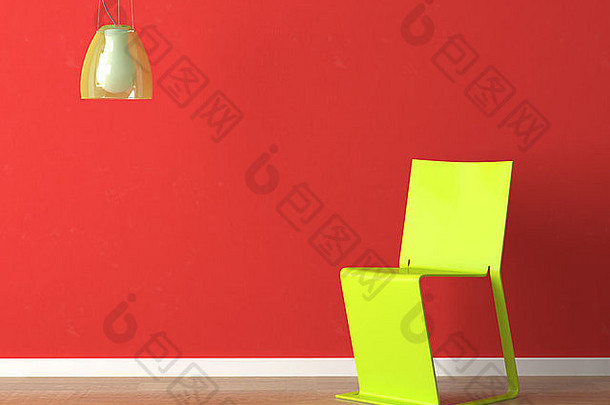 室内设计充满活力的红色的墙绿色椅子灯