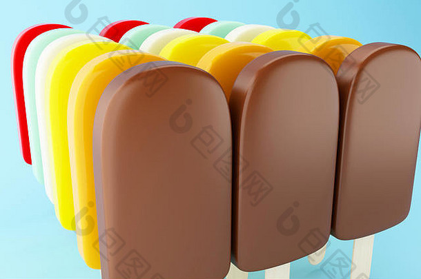 插画集巧克力冰棍填满奶油光蓝色的背景夏天食物概念