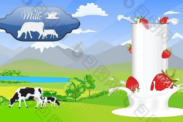 牛奶玻璃牛奶飞溅草莓美丽的自然景观山草地字段牛