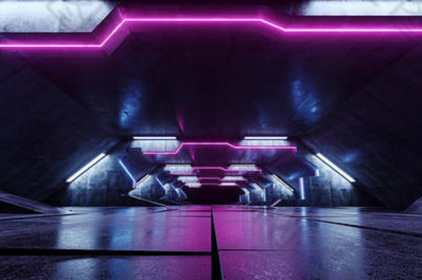 紫外蓝紫色未来主义三角形外星人宇宙飞船霓虹灯发光黑暗长大厅走廊隧道垃圾混凝土反光瓷砖地板