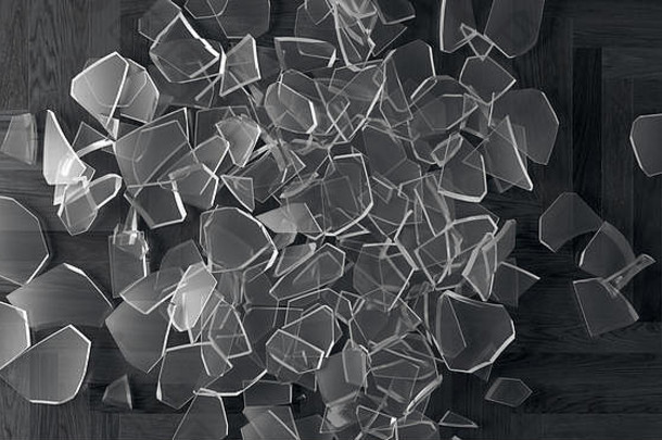 木拼花地板上百叶窗玻璃碎片的3D渲染俯视特写