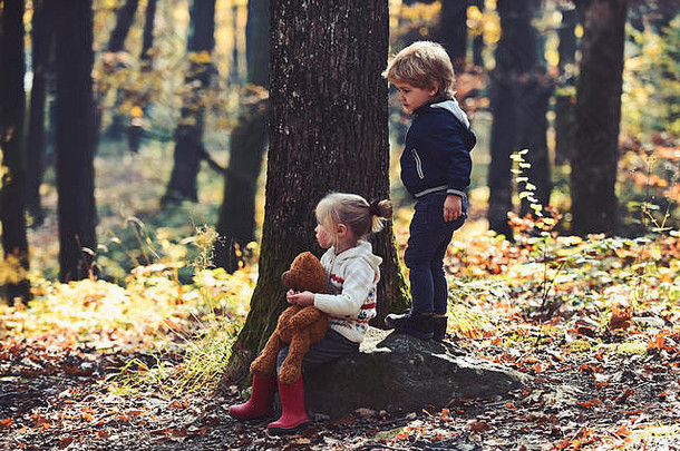 儿童<strong>活动</strong>和积极休息。弟弟和妹妹在新鲜空气中玩得很开心。孩子们在秋天的森林里玩耍。童年与孩子的友谊、爱与爱