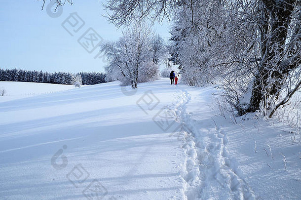 阳光明媚的冬日，家长和孩子在深雪中沿着小路行走