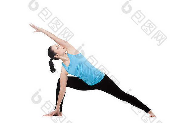 瑜伽女孩白色背景练习瑜伽的姿势乌蒂塔帕斯瓦科纳萨那扩展一边角构成