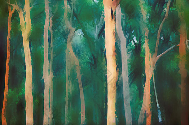 摘要澳大利亚桉树和安哥拉林背景。数码插图，软模糊。蓝绿色调。