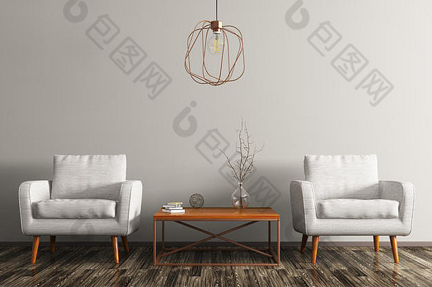 客厅内部有咖啡桌、白色扶手椅和铜灯3d渲染