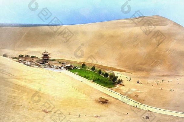 传统的中国房子沙丘色彩斑斓的绘画图片甘肃省中国